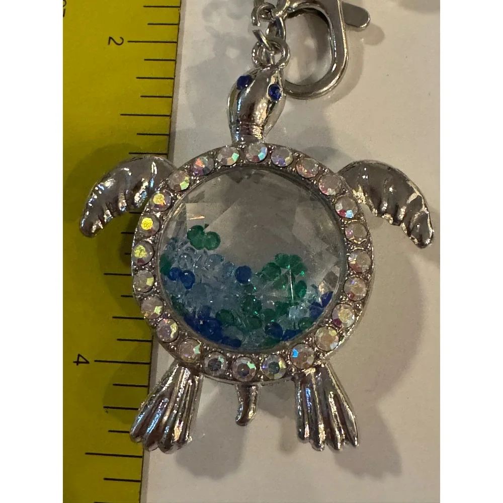 Silver Sea Turtle Shaker Keychain Blue Green Crystals AB Rhinestones Pearl Charm